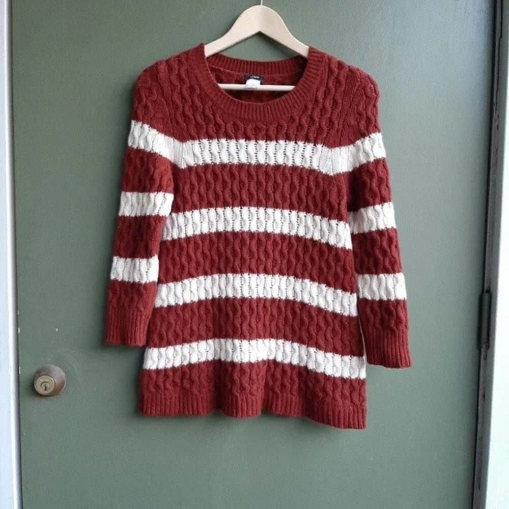 J.Crew 100% Merino Wool Chunky Cable Knit Sweater Small Brown Striped Preppy
